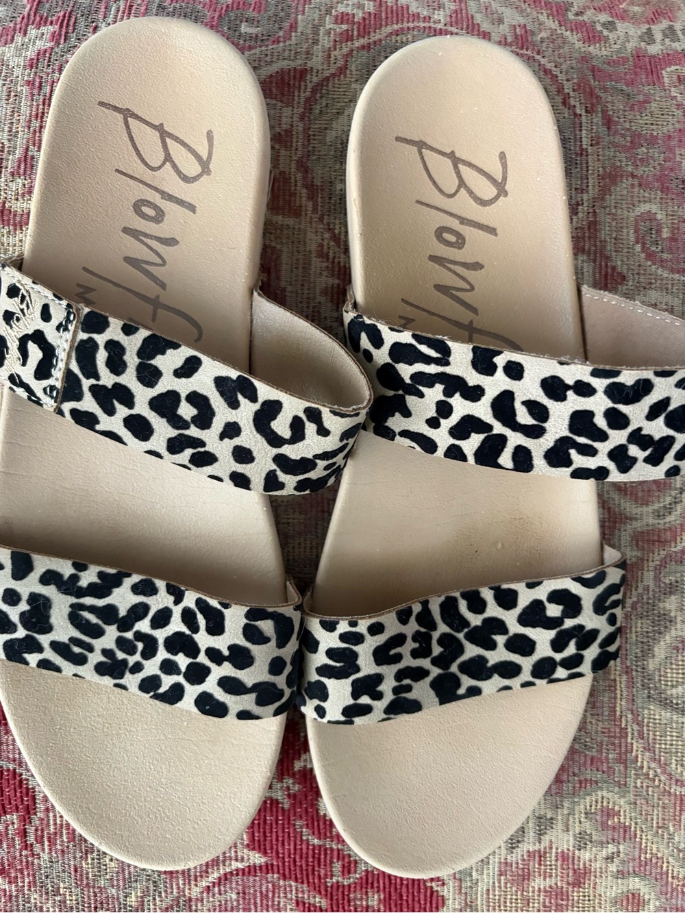 Blowfish Leopard-Print Double Strap Slide Sandals in Beige and Black